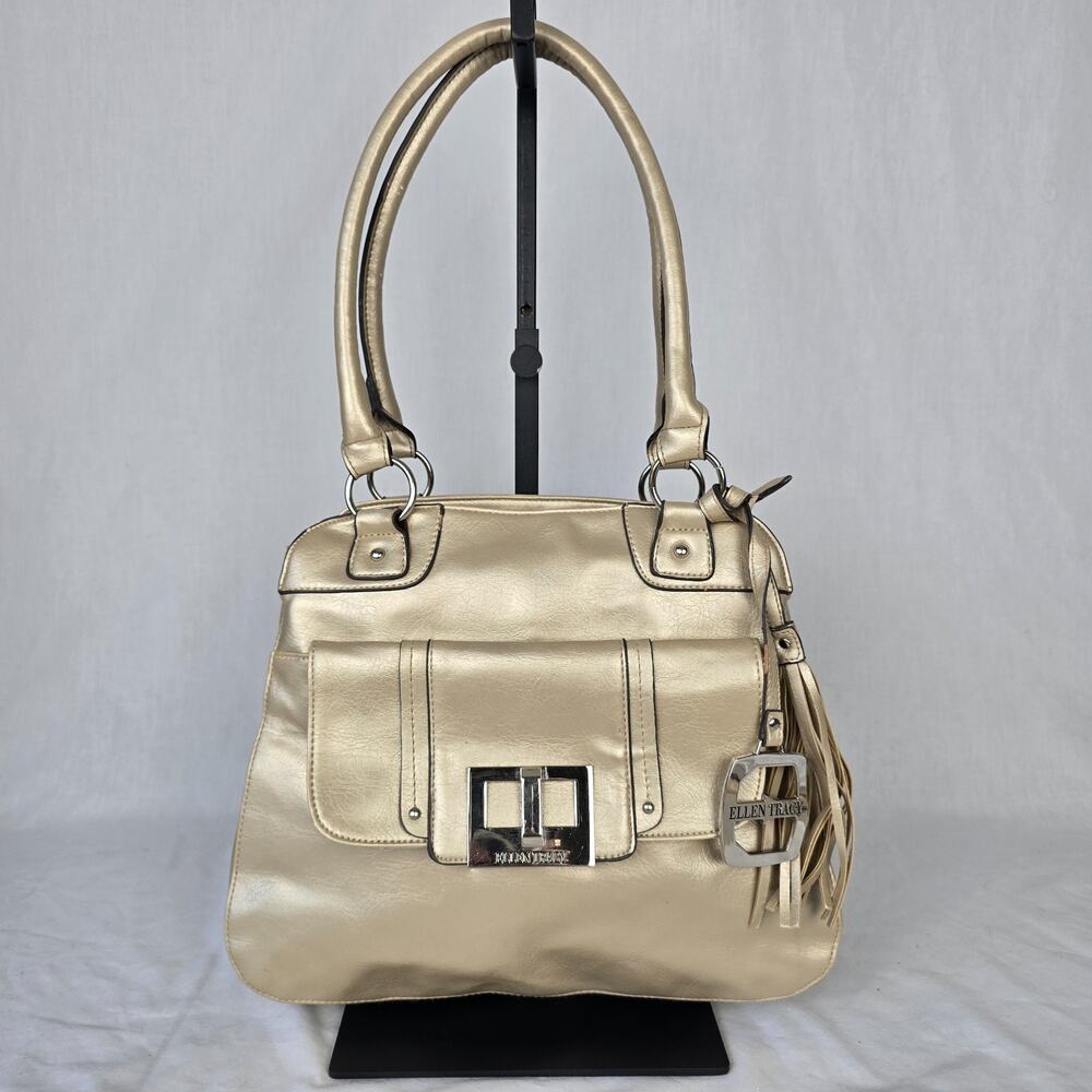 Ellen Tracy Leather Shoulder Bag Shimmer Gold Double Handle 12" x 4" x 9.5"